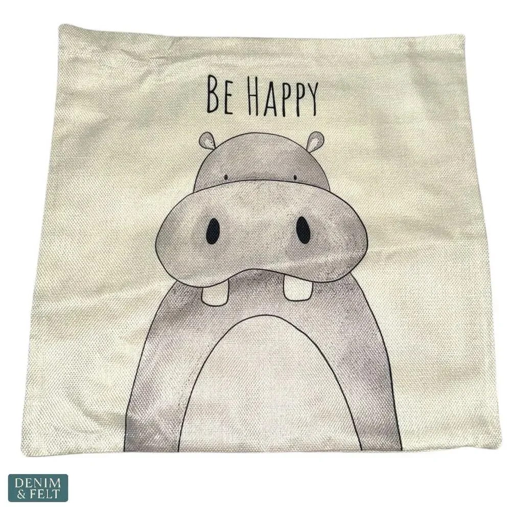 NEW Be‎ Happy Hippo Nursery Throw Pillow Cover Kids Room Neutral Decor